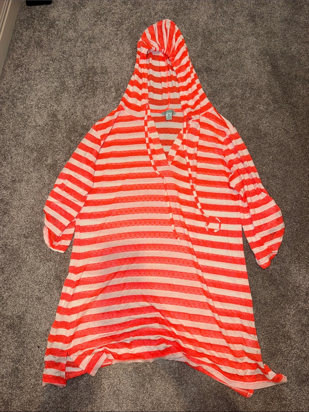 Striped Hooded Women's Swim Cover-Up in Coral and White